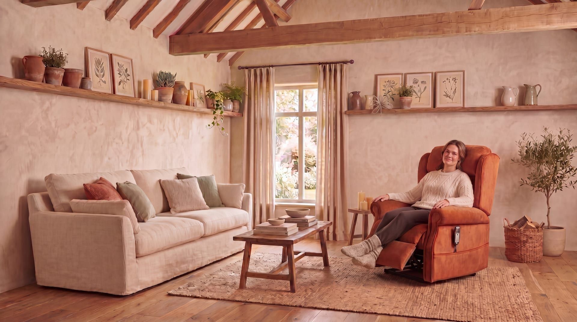 Woman relaxing in a terracotta riser recliner in a warm rustic living room with exposed beams